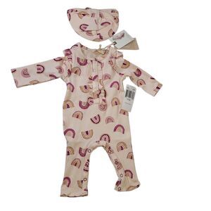 Jessica Simpson Baby Girl One Piece Rainbow Outfit + Matching Hat 0-3 Months